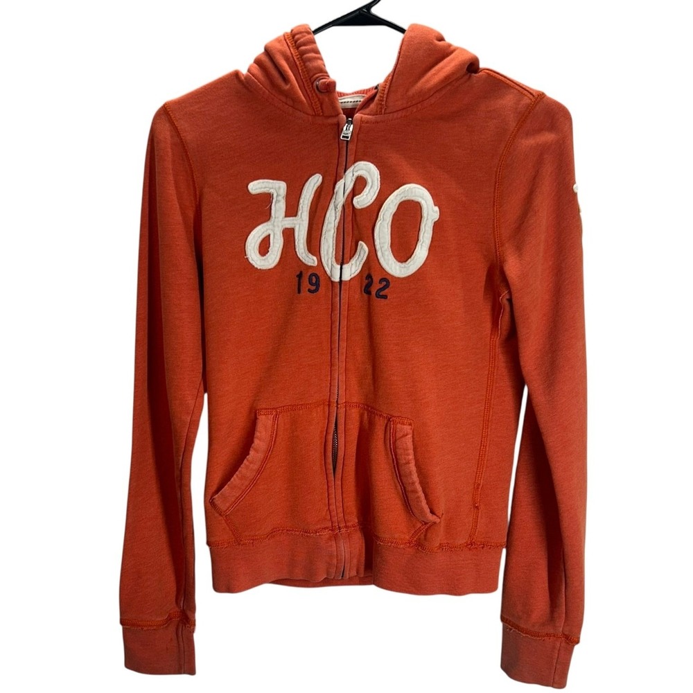 Y2K Hollister Burnt Orange Zip Hoodie L 1922 Logo Preppy Streetwear Fleece
